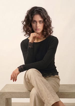 Art. 1048 Long Sleeve Sweater with Lace Insert on Hem and Cuffs