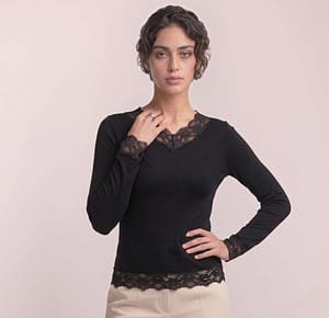 1049 maglia manica lunga con inserto in pizzo polsi e collo a V
